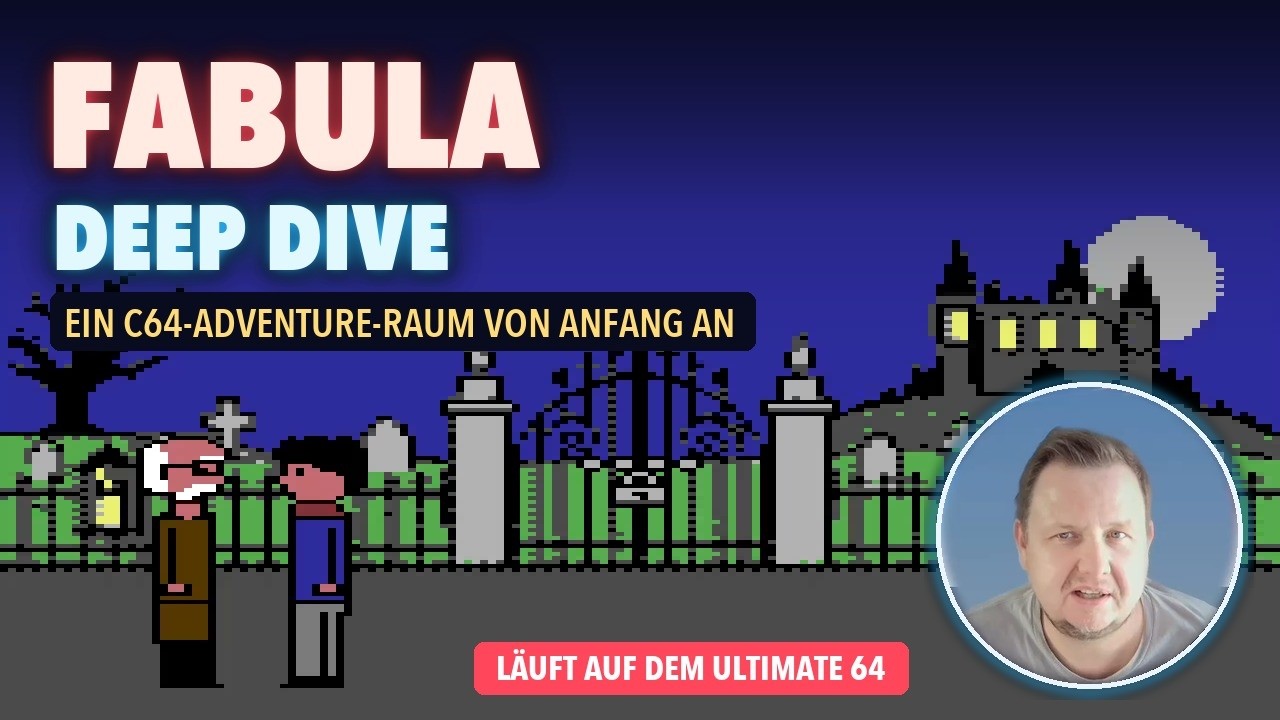 FABULA Deep Dive mit Editor und nächtlicher Schlosstor-Szene auf dem C64