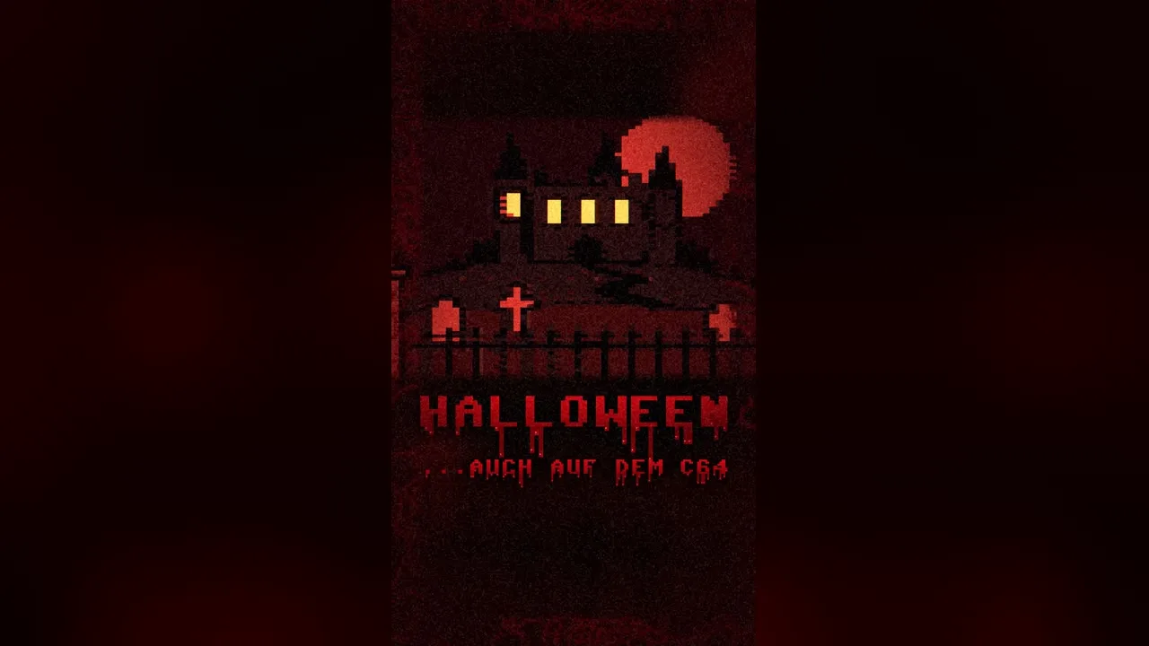 Short: Spukschloss unter rotem Mond, darunter blutiger Schriftzug Halloween