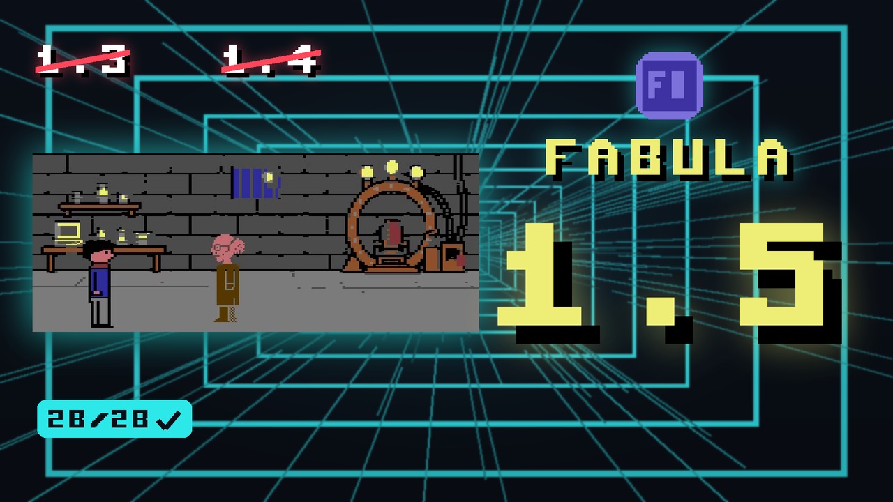 Vorschaubild zum 1.5-Trailer: Professor Fledermann neben der Zeitmaschine, daneben groß FABULA 1.5