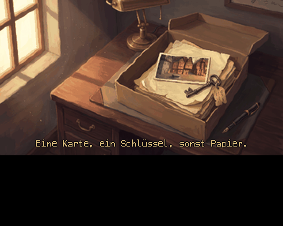 Vorspannbild: Schreibtisch am Fenster, darauf eine offene Schachtel mit Papieren, einer Postkarte und einem alten Schlüssel mit Anhänger. Untertitel: „Eine Karte, ein Schlüssel, sonst Papier.“