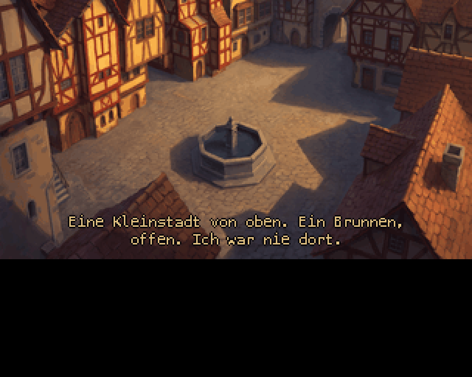 Vorspannbild: das Postkartenmotiv, ein Marktplatz mit Brunnen von oben im Abendlicht, mit einem Untertitel über eine Kleinstadt, in der der Erzähler nie war