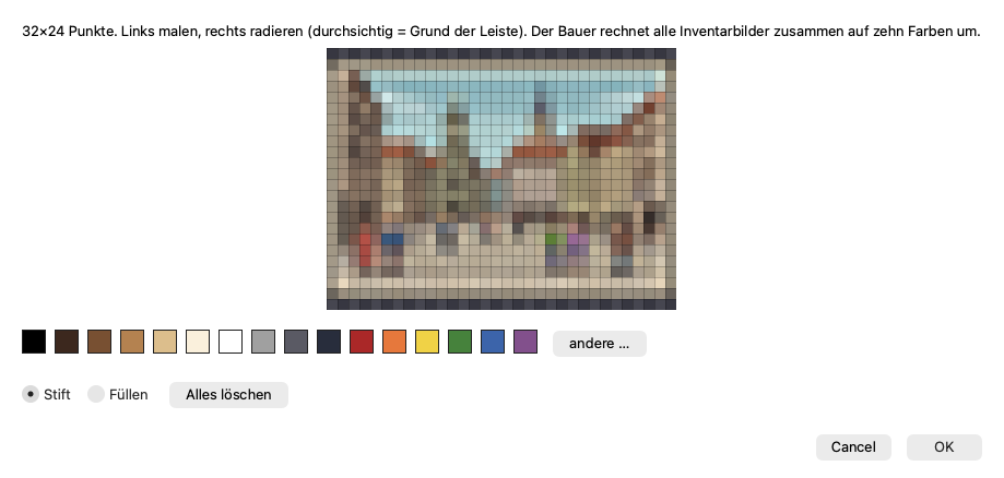 Der kleine Maler für Inventarbilder: ein Raster von 32 × 24 Punkten mit einer gezeichneten Postkarte, darunter sechzehn Farbfelder