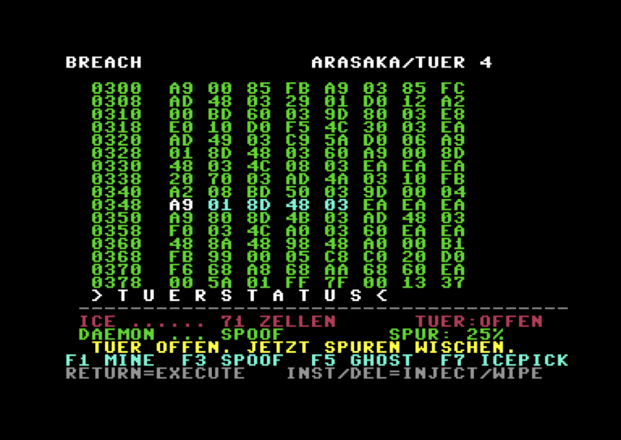 Früher BREACH-Spielbildschirm mit dem Knoten ARASAKA Tür 4, Hexdaten, ICE-Status und den Befehlen Mine, Spoof, Ghost und Icepick