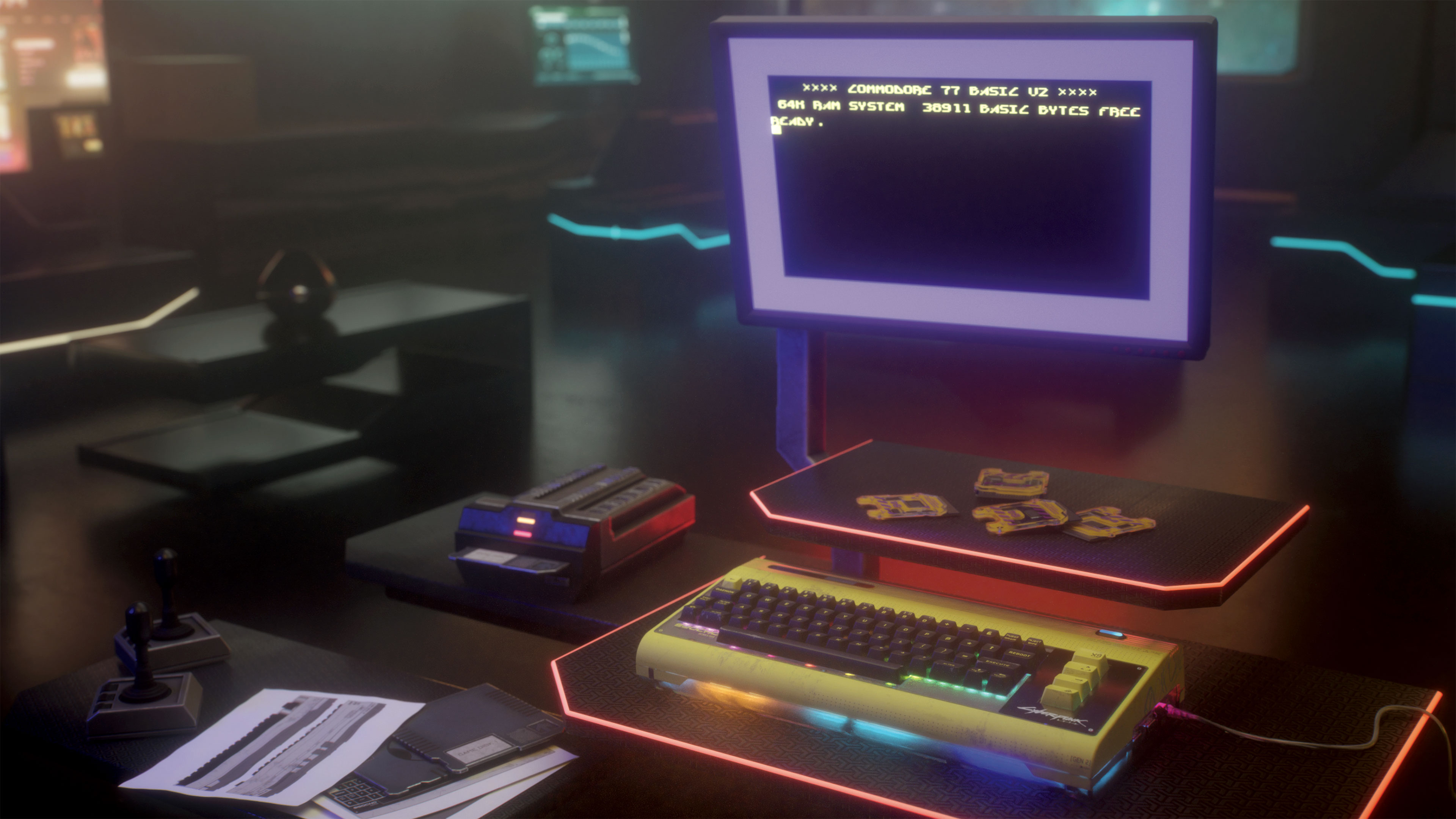 Offizielle Szene mit Commodore 77, Monitor, Joysticks und beleuchtetem Schreibtisch im Cyberpunk-Stil