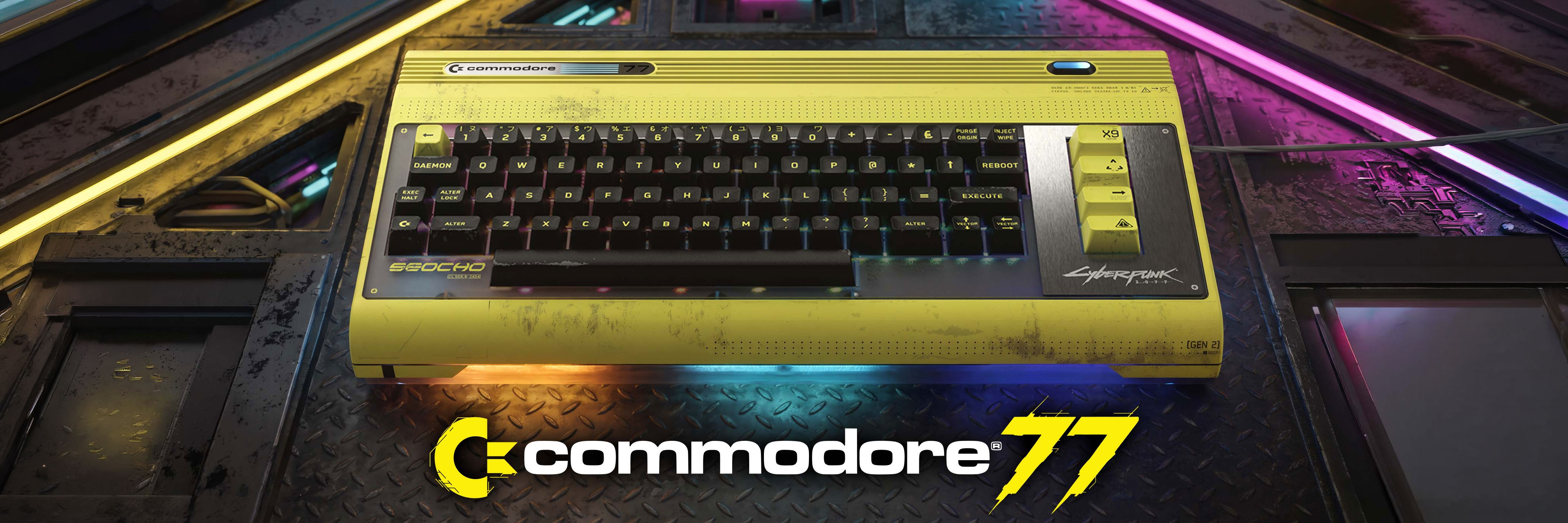 Offizielles Produktbild des Commodore 77 mit gelbem Gehäuse und angepasster Cyberpunk-Tastatur