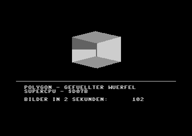 SuperCPU-Techniktest POLYGON mit einem gefüllten grauen Würfel und dem Messwert 102 Bilder in zwei Sekunden