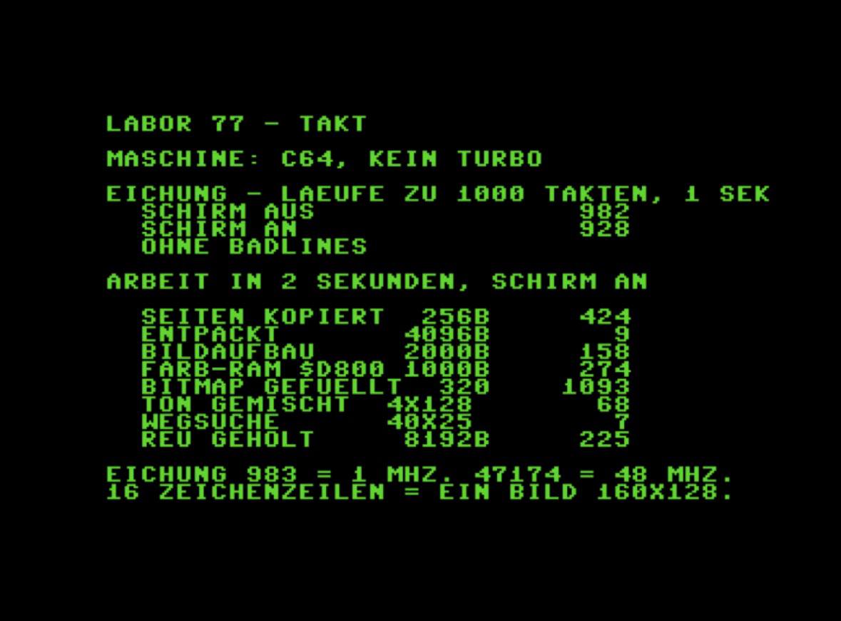 Labor-77-Benchmark auf einem C64 ohne Turbo mit Messwerten für Speicher, Bildaufbau, Farb-RAM, Ton, Wegsuche und REU
