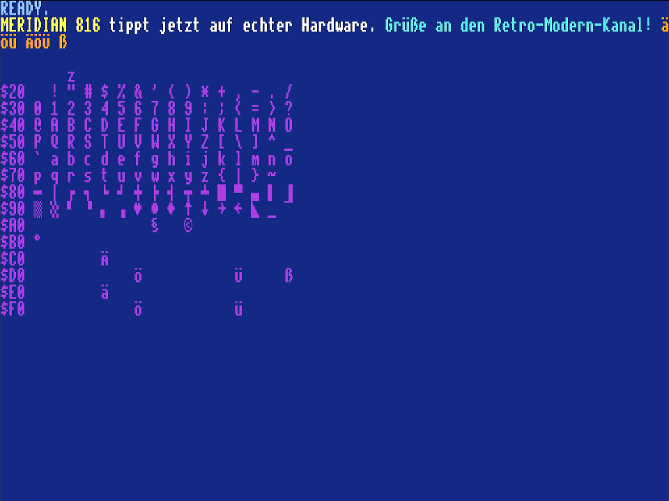 Text mit 80 Zeichen pro Zeile in mehreren Farben, darunter die Zeichentabelle mit Umlauten