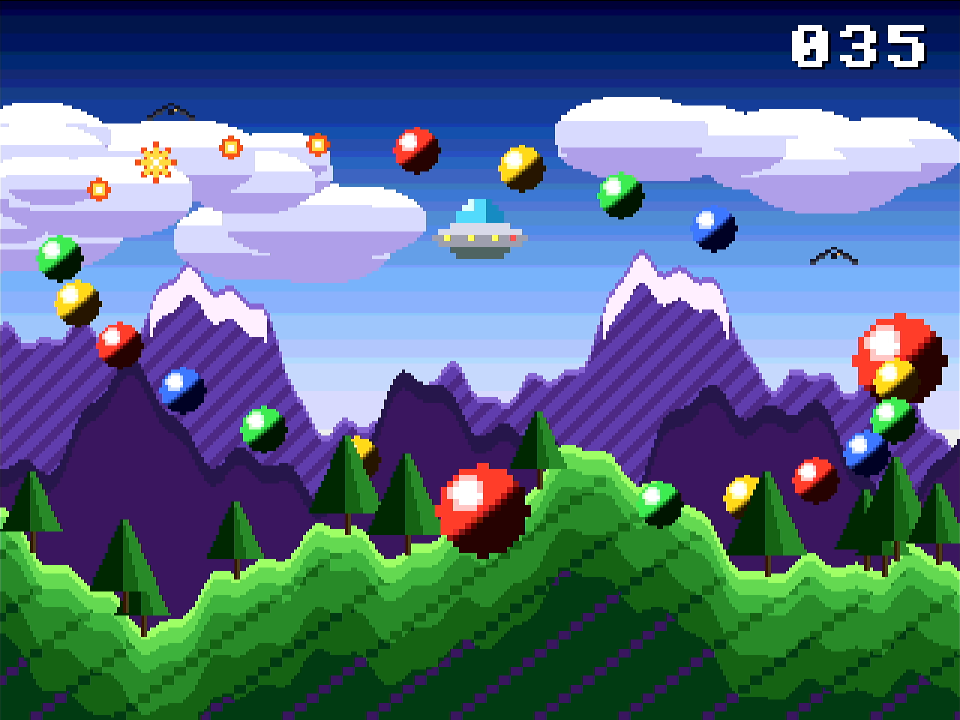 Spielszene: ein UFO über der Pixel-Landschaft, bunte glänzende Kugeln, eine Explosion, Punktestand 035