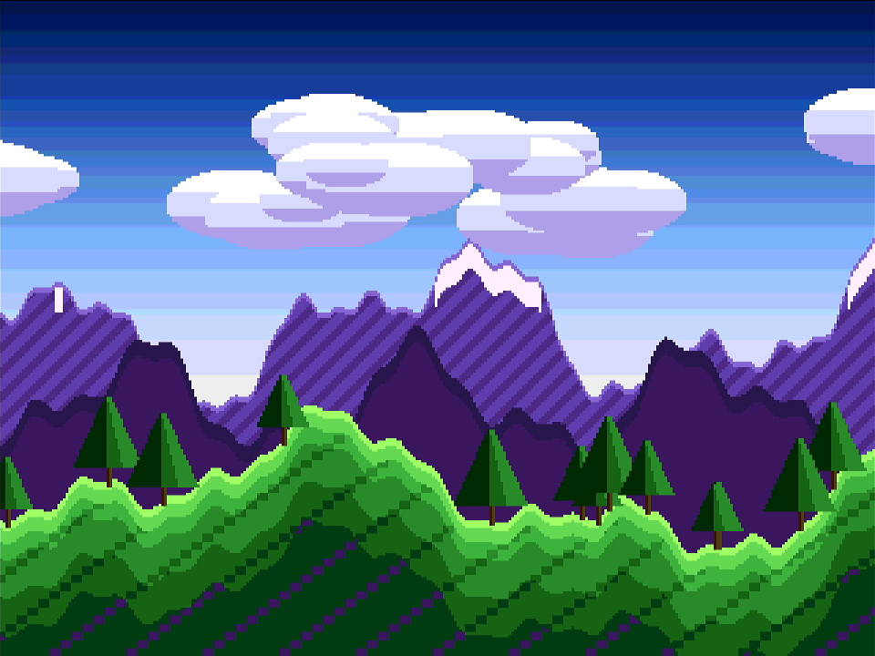 Pixel-Landschaft mit Wolken, violetten Bergen mit Schneekuppen und grünen Hügeln mit Tannen