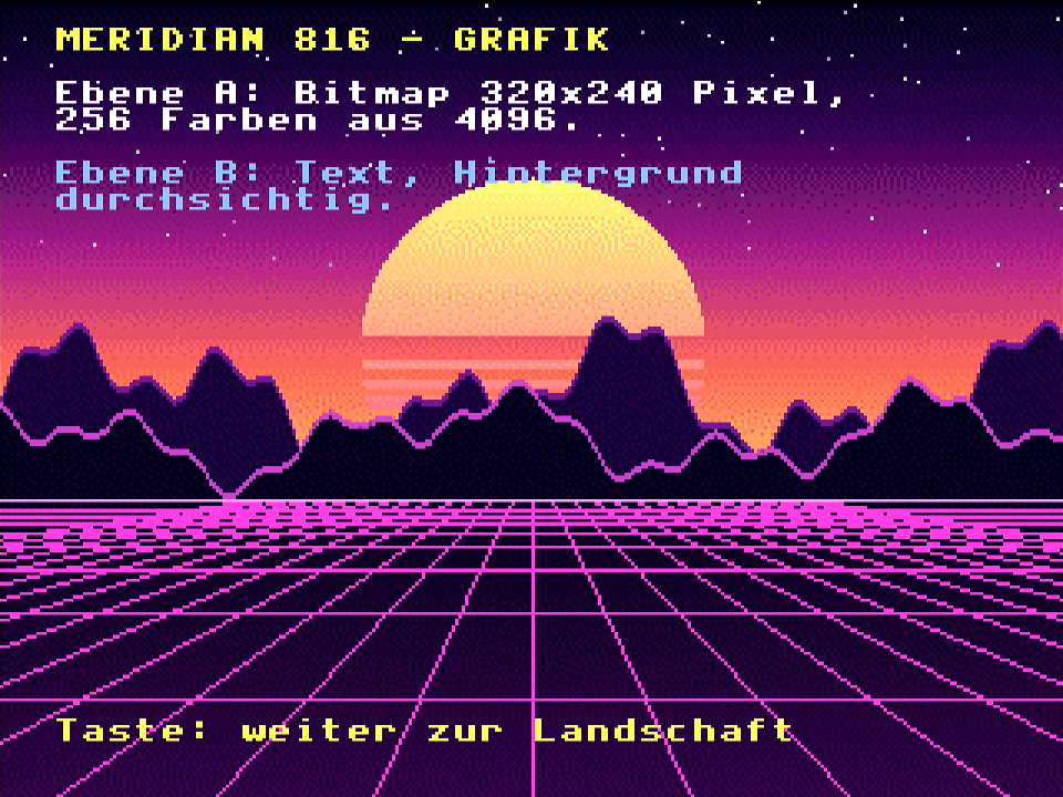 Synthwave-Bild mit gestreifter Sonne, Bergen und Gitterboden in 256 Farben, darüber Text: Ebene A Bitmap 320x240 Pixel, 256 Farben aus 4096; Ebene B Text, Hintergrund durchsichtig