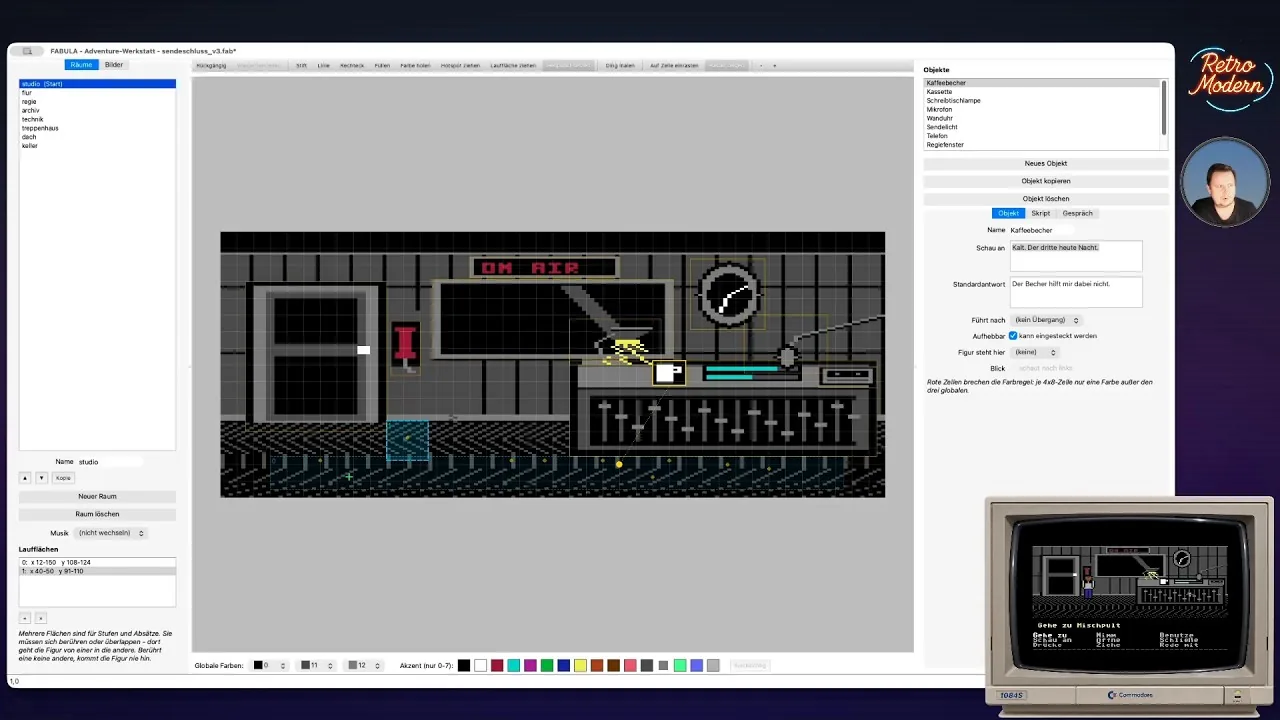 FABULA-Editor neben einer Pixelart-Szene auf dem C64